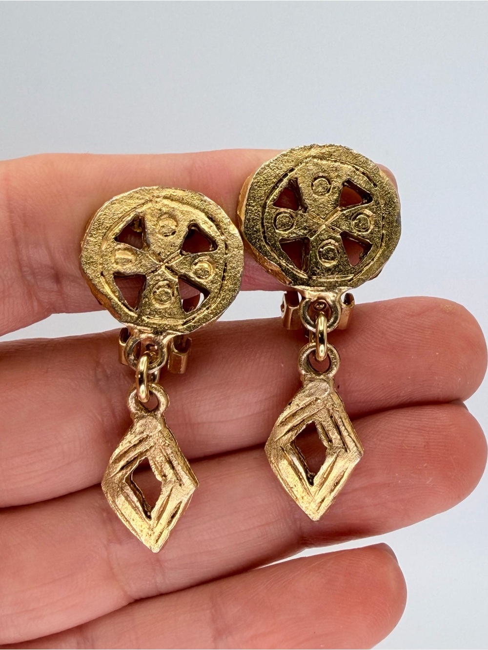 Bisjoux signed Gold Textured Dangle Clip-On Earrings